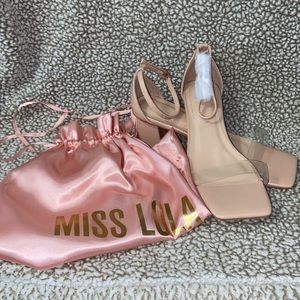 Miss Lola || Nude Square Toe Heels Clear Strap Size 8.5